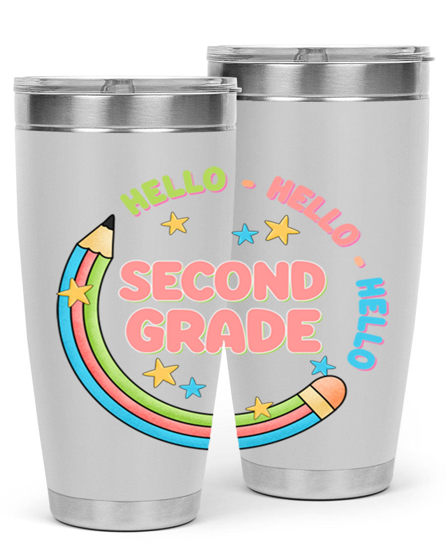 Hello 2nd Grade Pencil 10# tumbler in vibrant colors, showcasing a pencil design, made of stainless steel with a drink-thru lid.