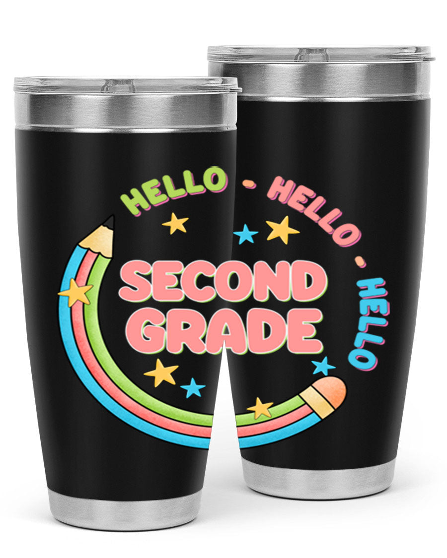 Hello 2nd Grade Pencil 10# tumbler in vibrant colors, showcasing a pencil design, made of stainless steel with a drink-thru lid.