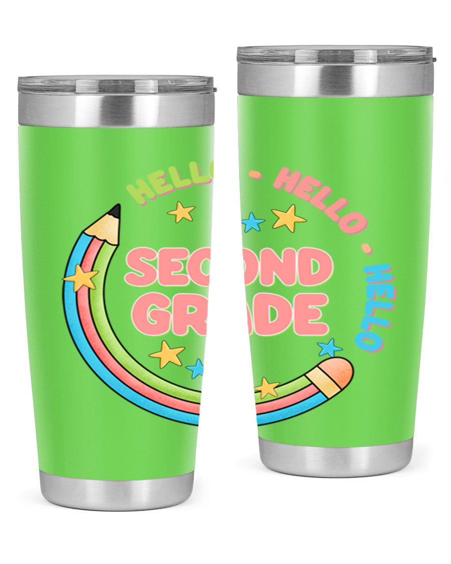 Hello 2nd Grade Pencil 10# tumbler in vibrant colors, showcasing a pencil design, made of stainless steel with a drink-thru lid.
