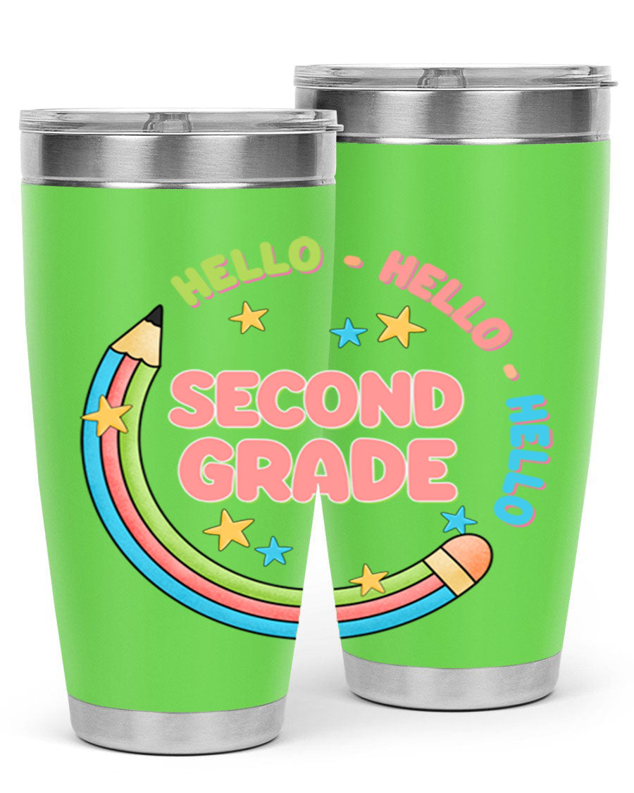 Hello 2nd Grade Pencil 10# tumbler in vibrant colors, showcasing a pencil design, made of stainless steel with a drink-thru lid.