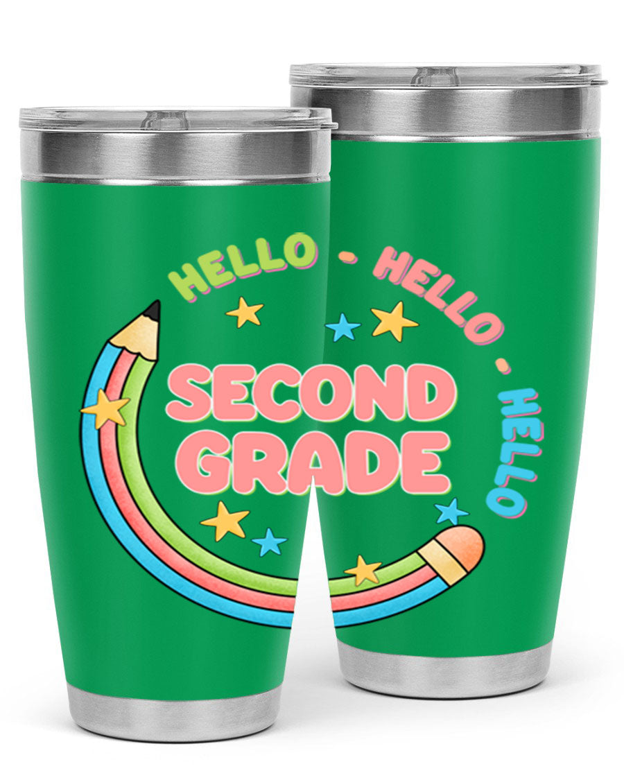 Hello 2nd Grade Pencil 10# tumbler in vibrant colors, showcasing a pencil design, made of stainless steel with a drink-thru lid.
