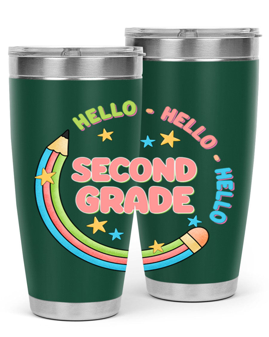 Hello 2nd Grade Pencil 10# tumbler in vibrant colors, showcasing a pencil design, made of stainless steel with a drink-thru lid.