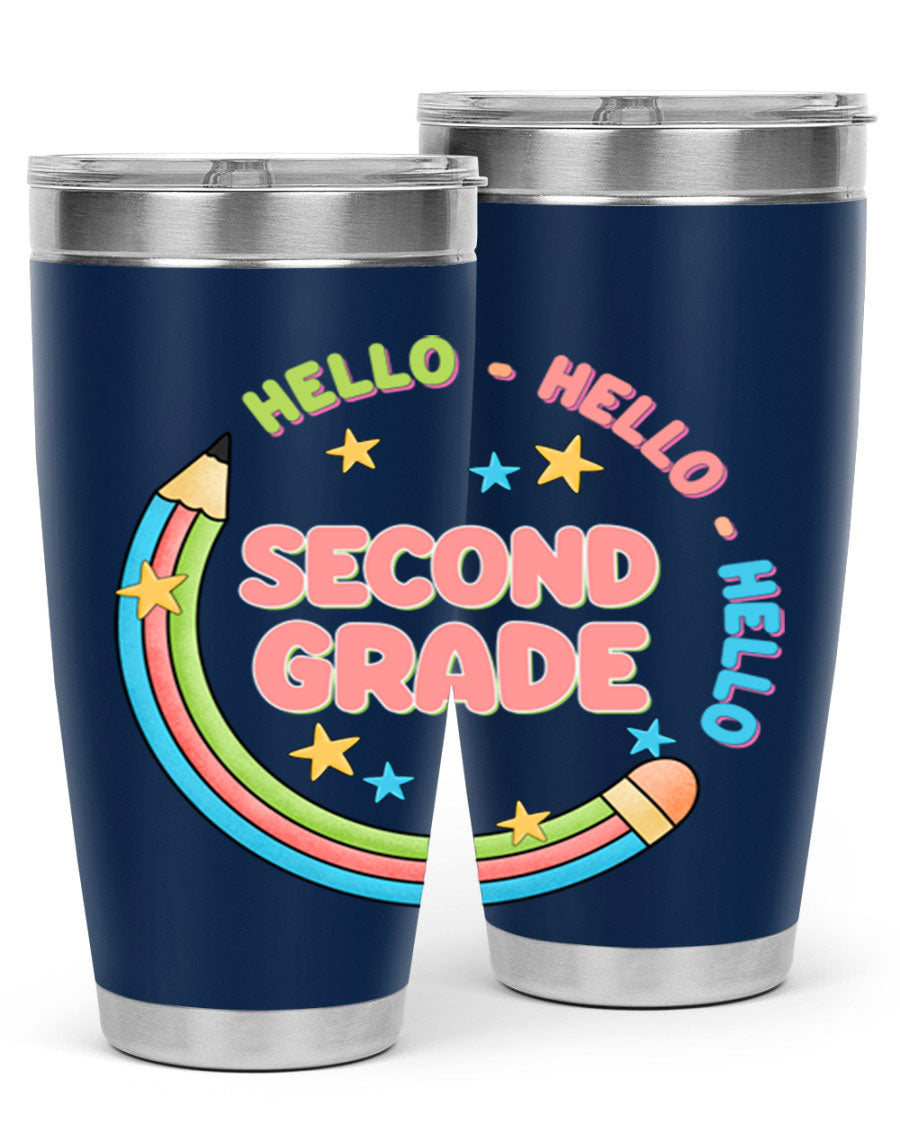 Hello 2nd Grade Pencil 10# tumbler in vibrant colors, showcasing a pencil design, made of stainless steel with a drink-thru lid.