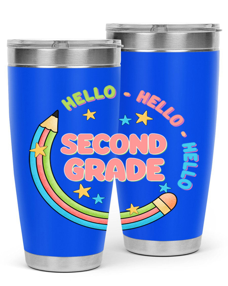 Hello 2nd Grade Pencil 10# tumbler in vibrant colors, showcasing a pencil design, made of stainless steel with a drink-thru lid.