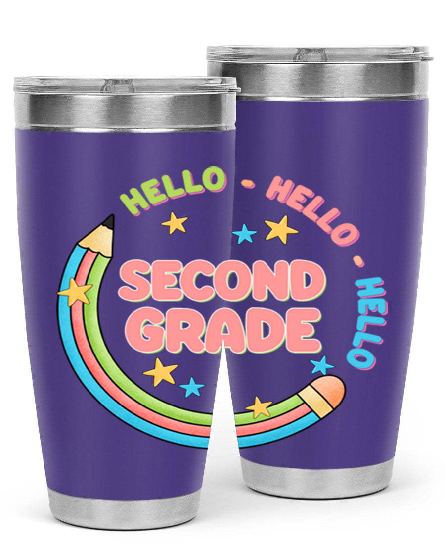 Hello 2nd Grade Pencil 10# tumbler in vibrant colors, showcasing a pencil design, made of stainless steel with a drink-thru lid.