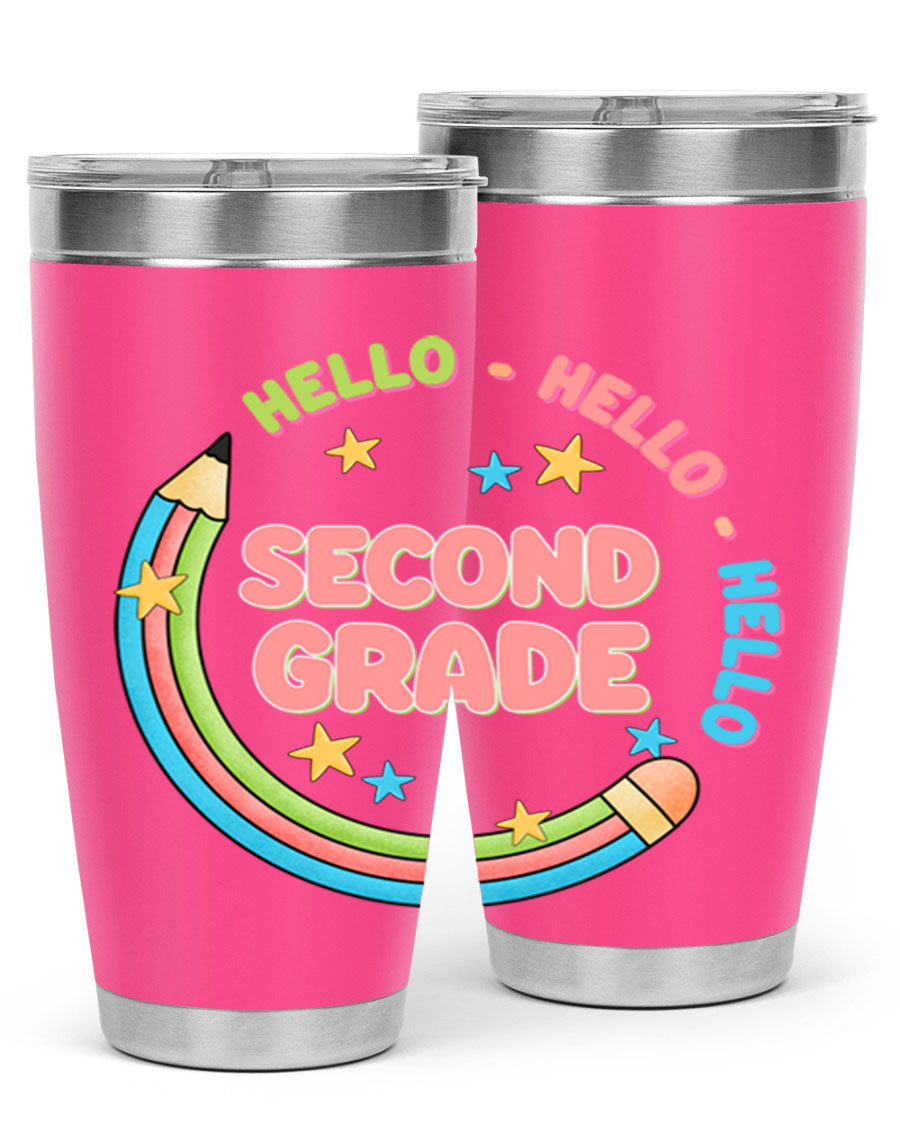 Hello 2nd Grade Pencil 10# tumbler in vibrant colors, showcasing a pencil design, made of stainless steel with a drink-thru lid.