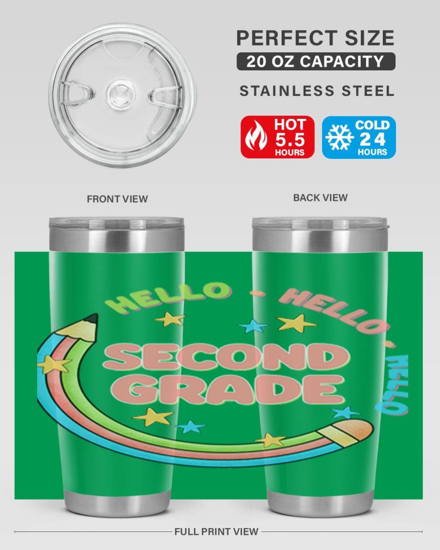 Hello 2nd Grade Pencil 10# tumbler in vibrant colors, showcasing a pencil design, made of stainless steel with a drink-thru lid.