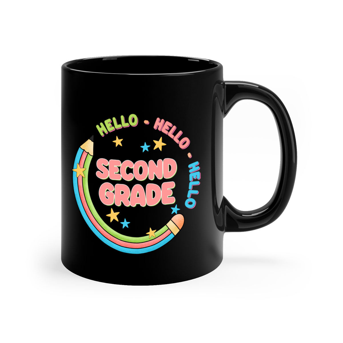 Hello 2nd Grade Pencil Mug with colorful handle and glossy finish, perfect for coffee or tea.
