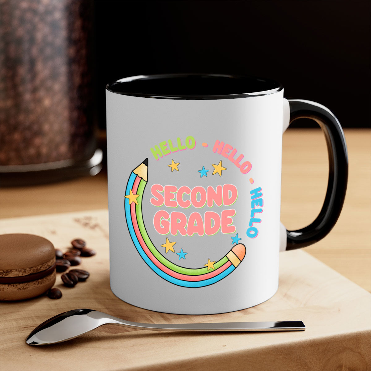 Hello 2nd Grade Pencil Mug with colorful handle and glossy finish, perfect for coffee or tea.