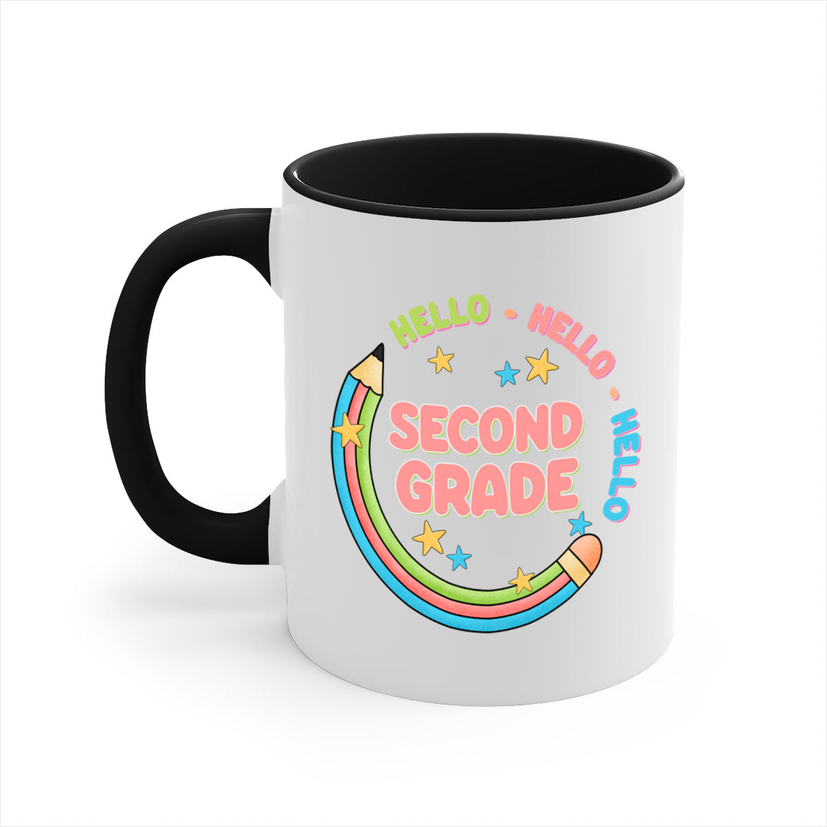 Hello 2nd Grade Pencil Mug with colorful handle and glossy finish, perfect for coffee or tea.
