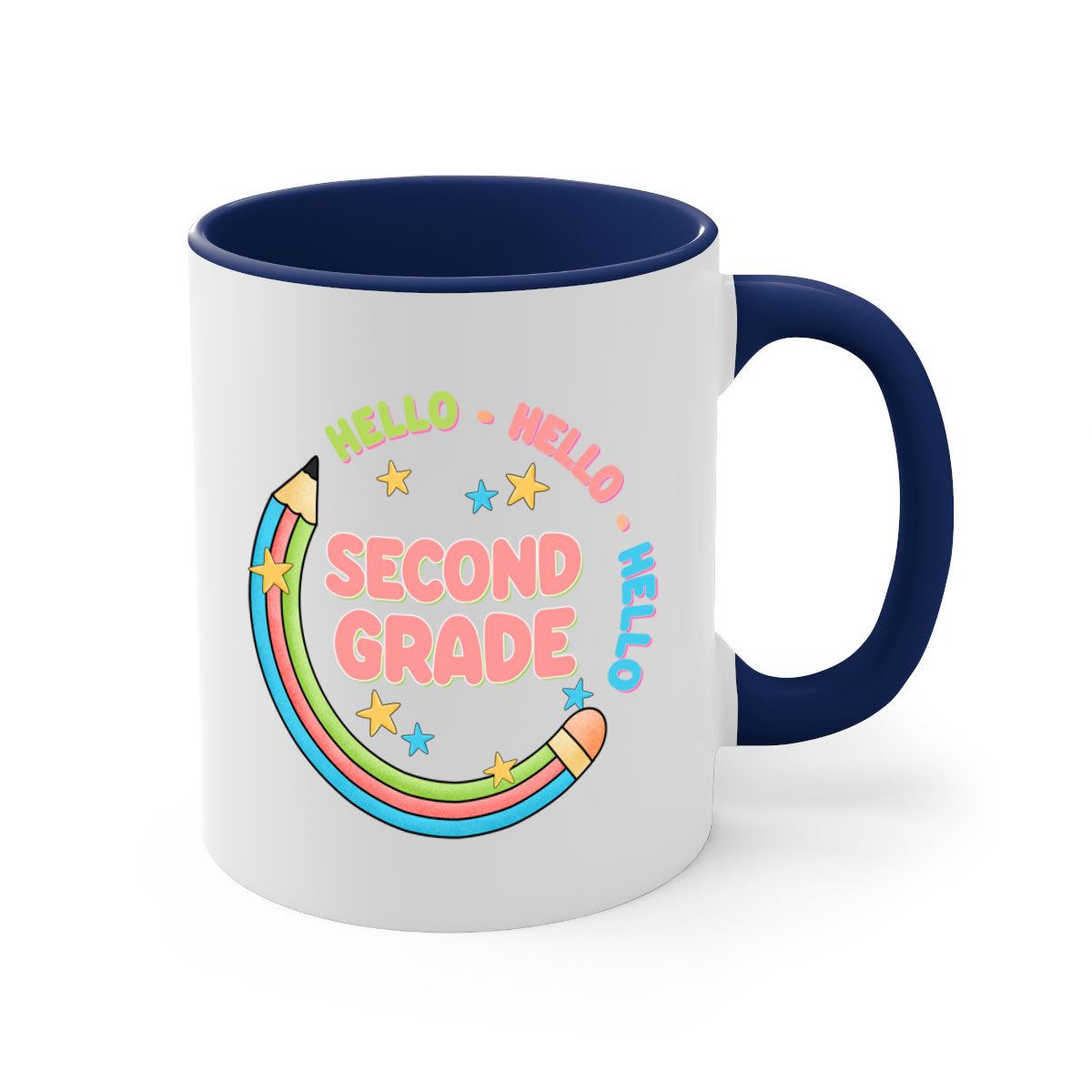 Hello 2nd Grade Pencil Mug with colorful handle and glossy finish, perfect for coffee or tea.