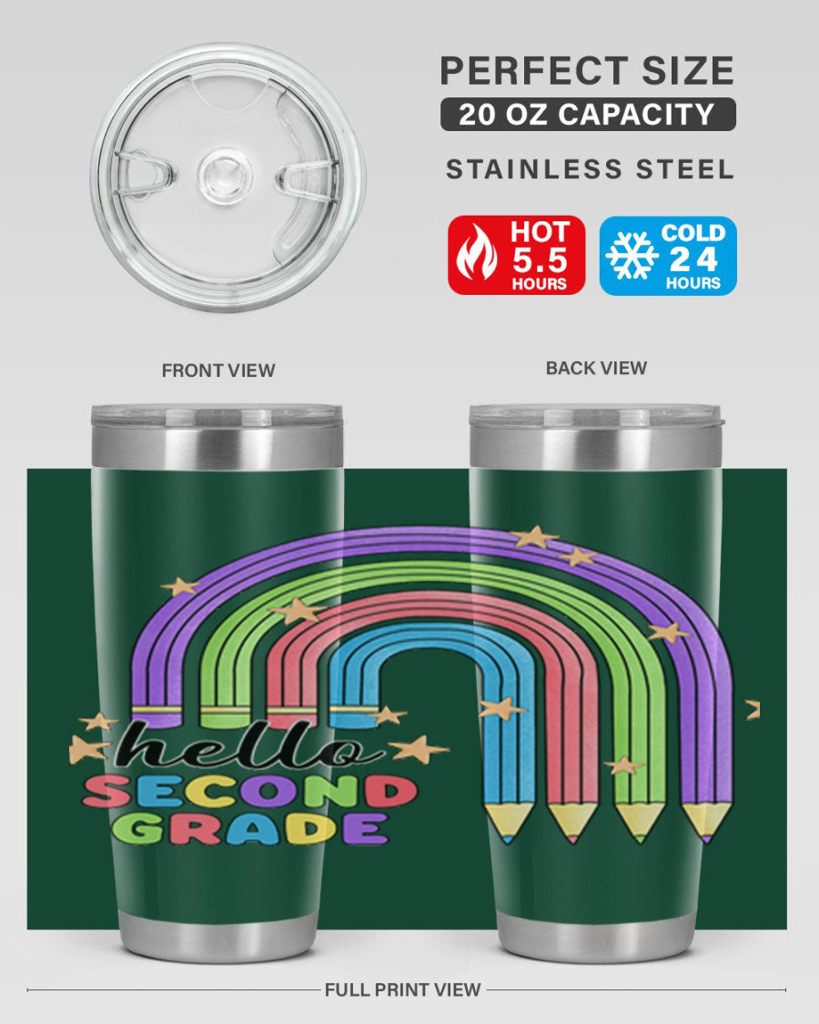 Hello 2nd Grade Pencil Rainbow tumbler in vibrant colors, showcasing a fun pencil design, perfect for kids.