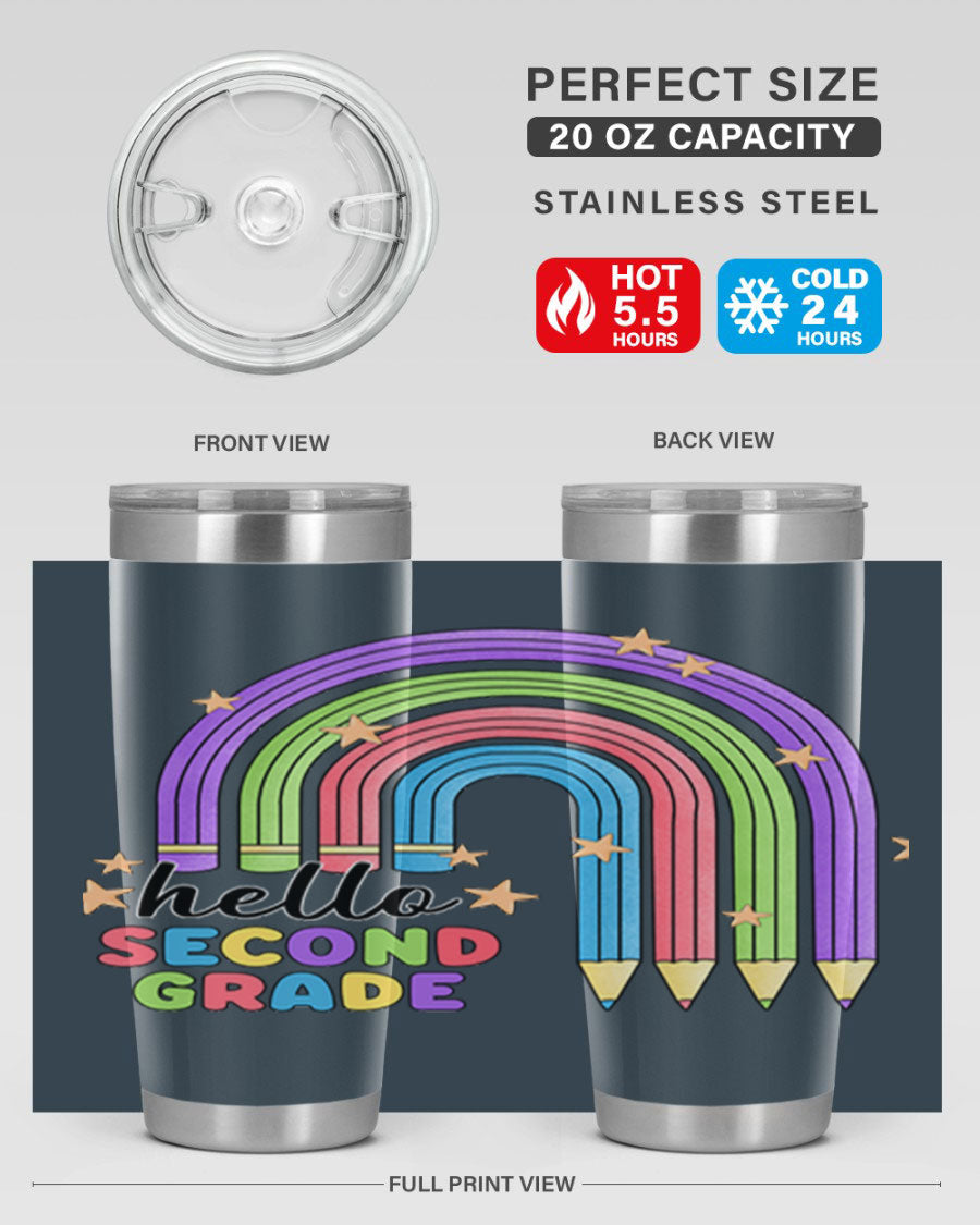 Hello 2nd Grade Pencil Rainbow tumbler in vibrant colors, showcasing a fun pencil design, perfect for kids.