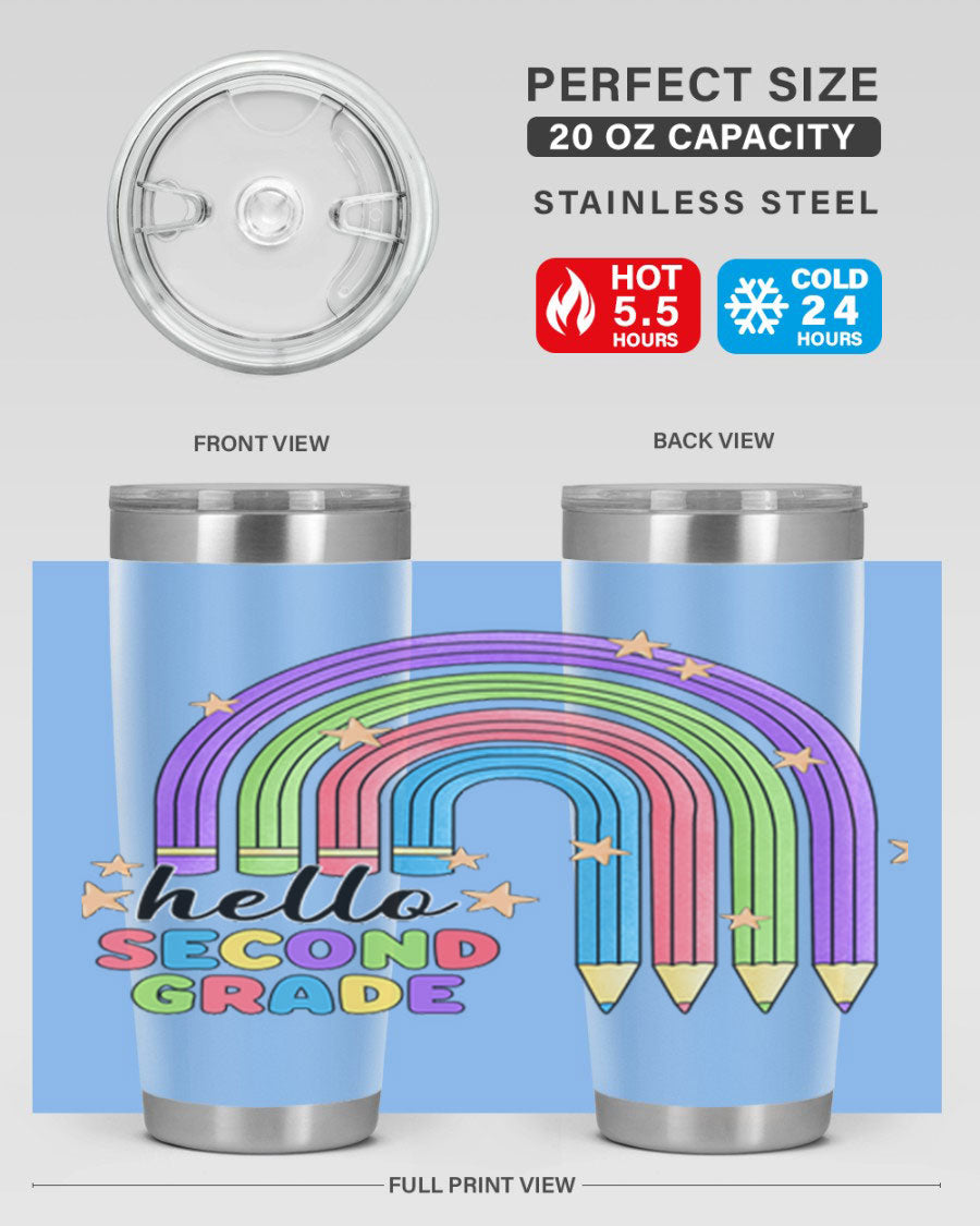 Hello 2nd Grade Pencil Rainbow tumbler in vibrant colors, showcasing a fun pencil design, perfect for kids.