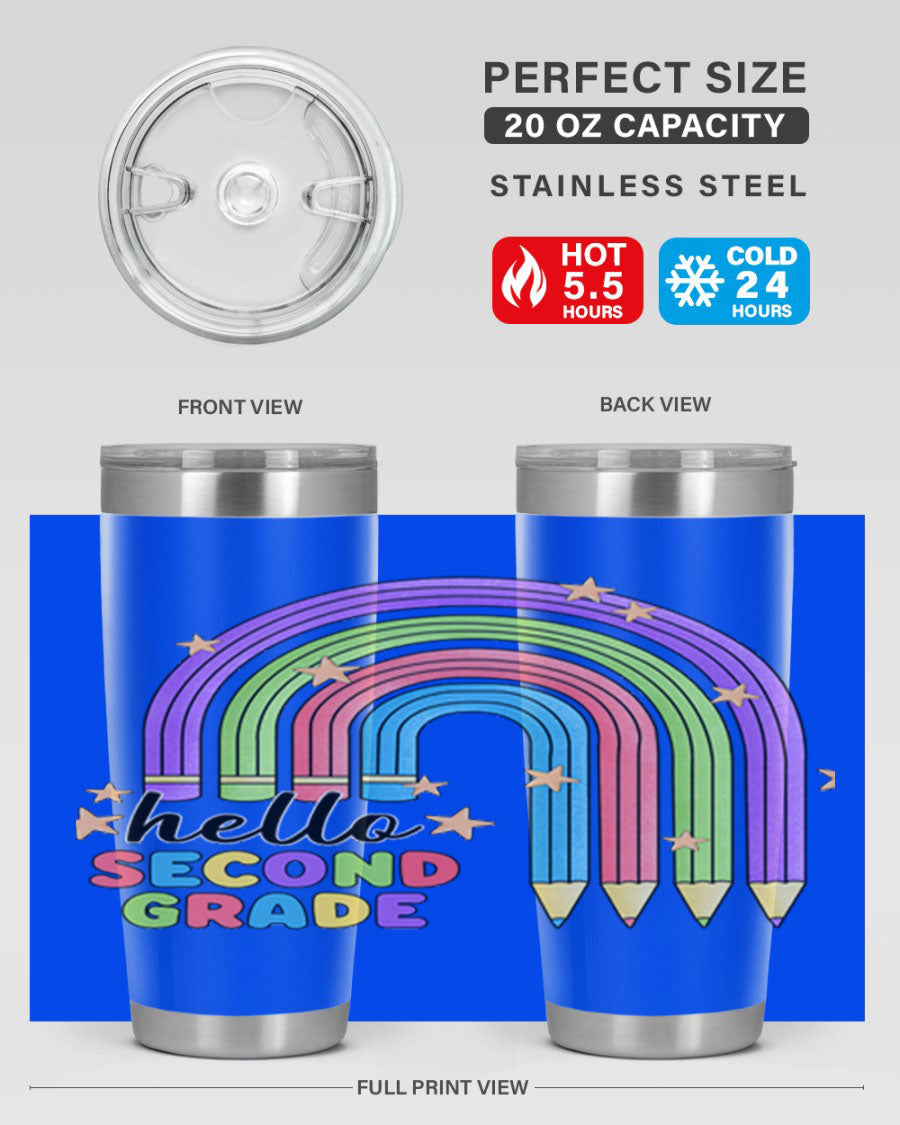 Hello 2nd Grade Pencil Rainbow tumbler in vibrant colors, showcasing a fun pencil design, perfect for kids.