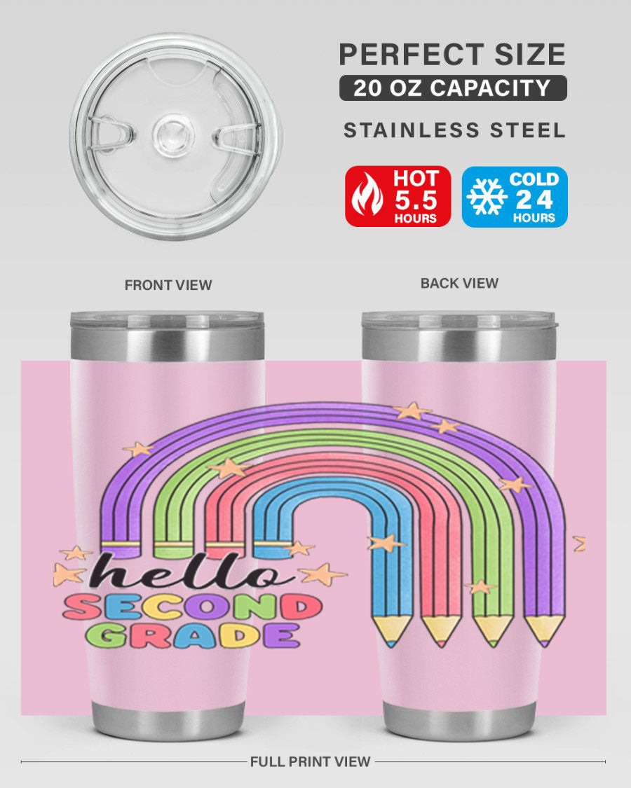 Hello 2nd Grade Pencil Rainbow tumbler in vibrant colors, showcasing a fun pencil design, perfect for kids.