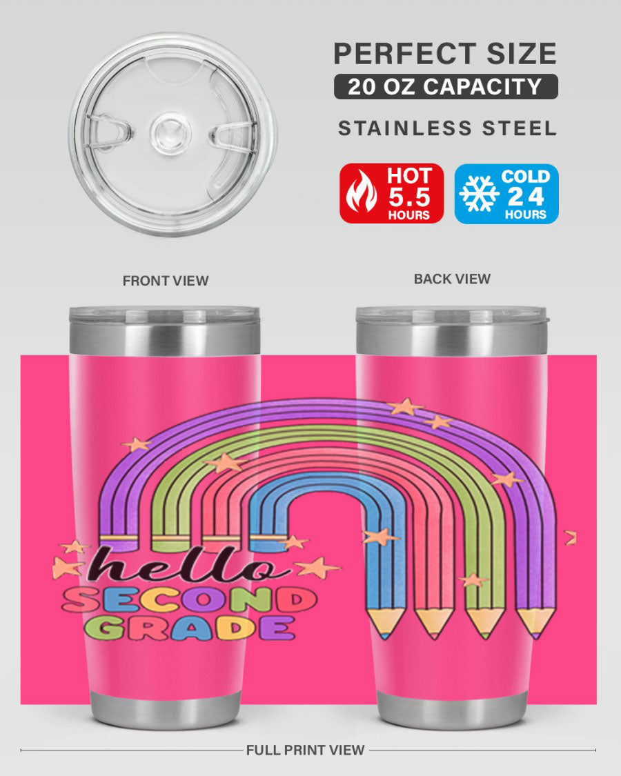 Hello 2nd Grade Pencil Rainbow tumbler in vibrant colors, showcasing a fun pencil design, perfect for kids.