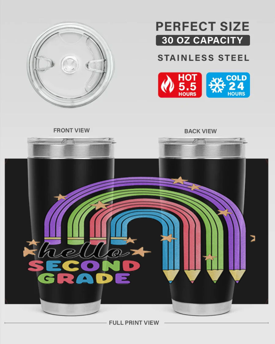 Hello 2nd Grade Pencil Rainbow tumbler in vibrant colors, showcasing a fun pencil design, perfect for kids.