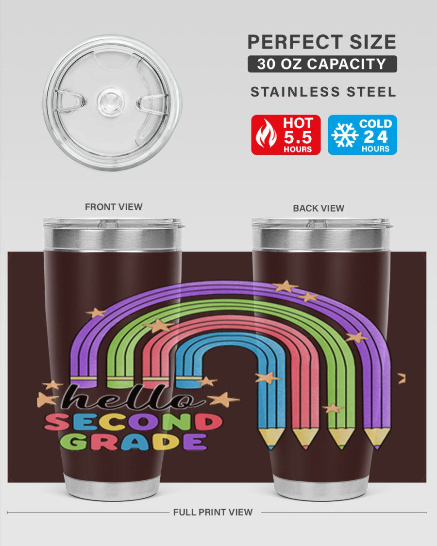 Hello 2nd Grade Pencil Rainbow tumbler in vibrant colors, showcasing a fun pencil design, perfect for kids.