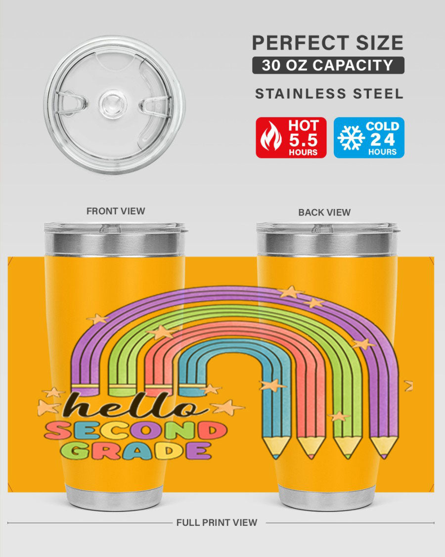 Hello 2nd Grade Pencil Rainbow tumbler in vibrant colors, showcasing a fun pencil design, perfect for kids.