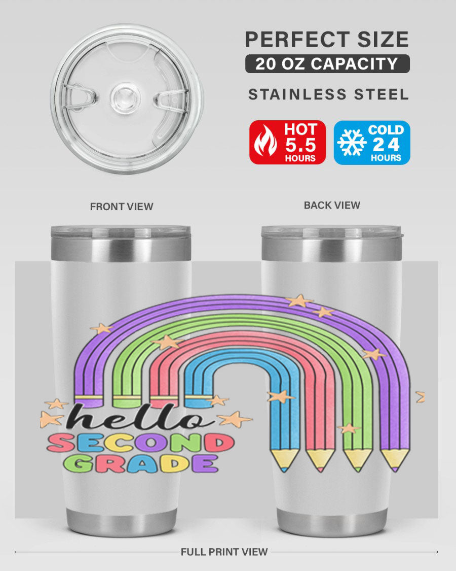 Hello 2nd Grade Pencil Rainbow tumbler in vibrant colors, showcasing a fun pencil design, perfect for kids.