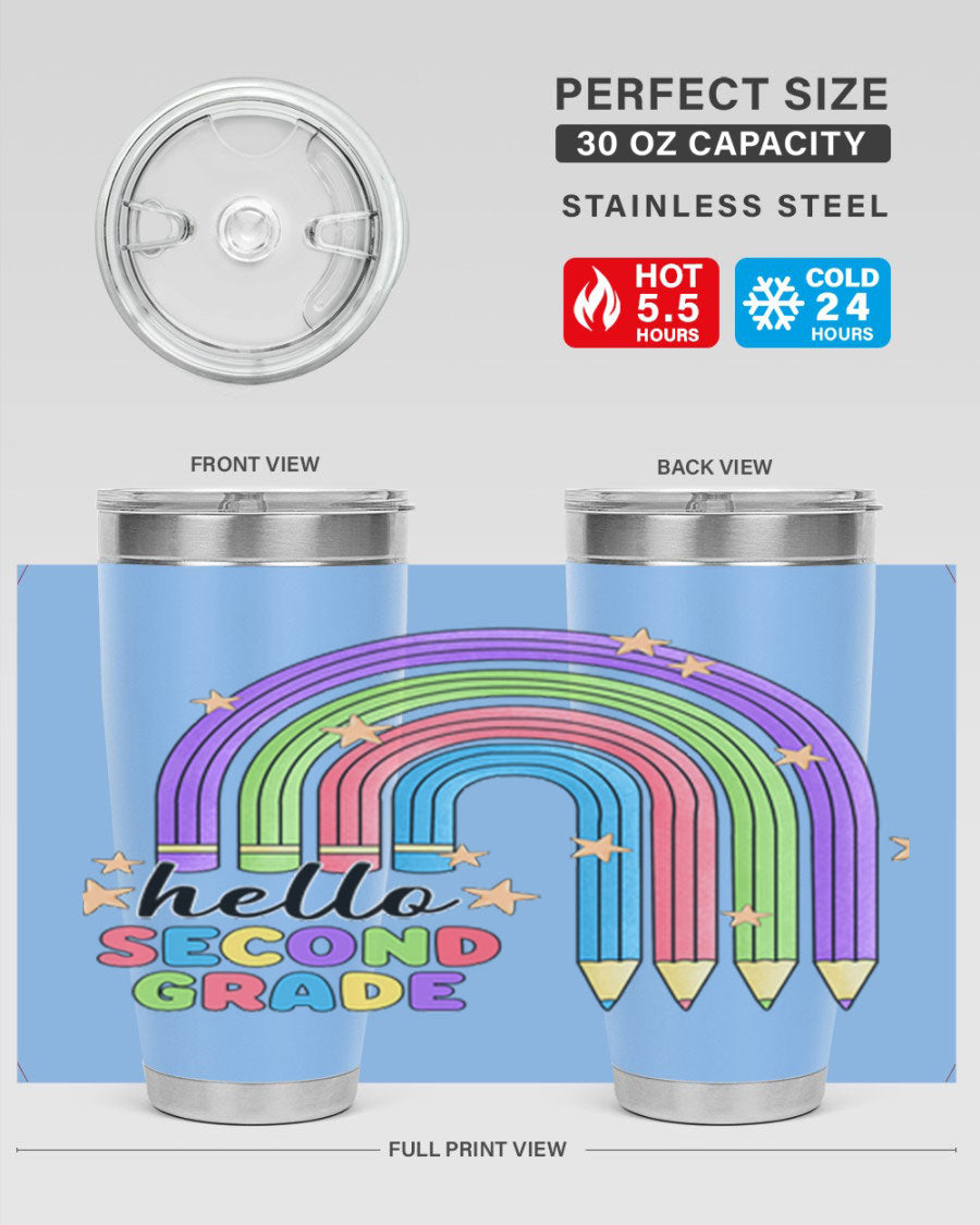 Hello 2nd Grade Pencil Rainbow tumbler in vibrant colors, showcasing a fun pencil design, perfect for kids.