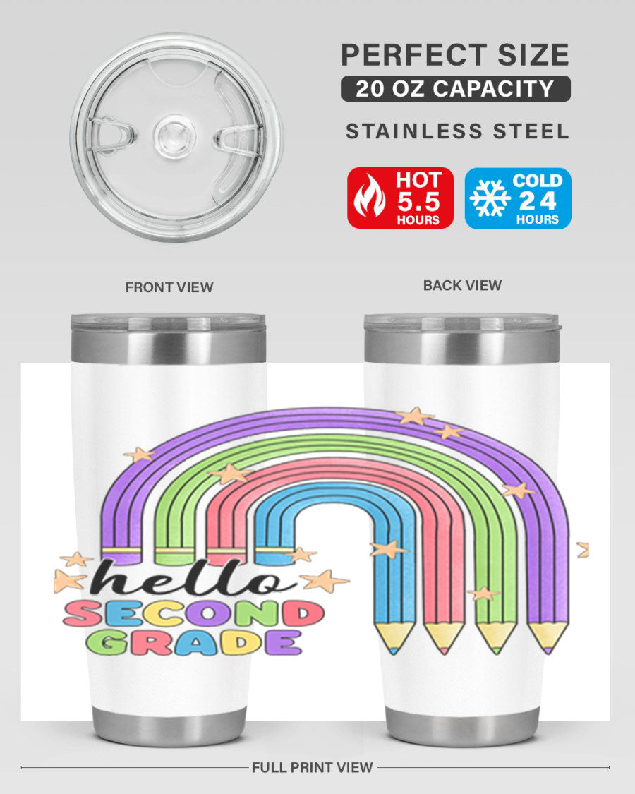 Hello 2nd Grade Pencil Rainbow tumbler in vibrant colors, showcasing a fun pencil design, perfect for kids.