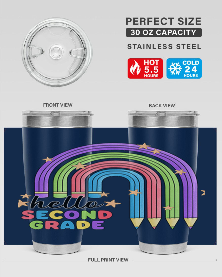 Hello 2nd Grade Pencil Rainbow tumbler in vibrant colors, showcasing a fun pencil design, perfect for kids.