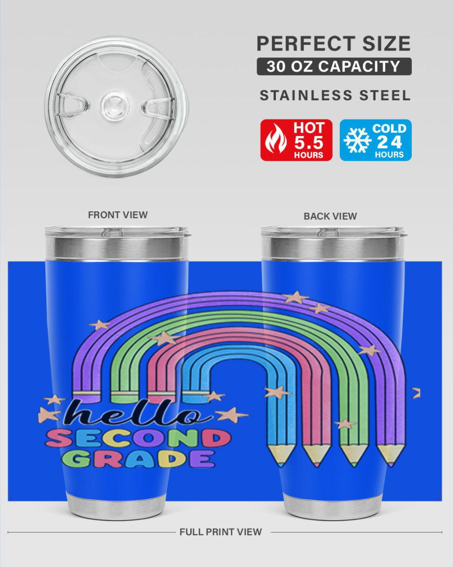Hello 2nd Grade Pencil Rainbow tumbler in vibrant colors, showcasing a fun pencil design, perfect for kids.