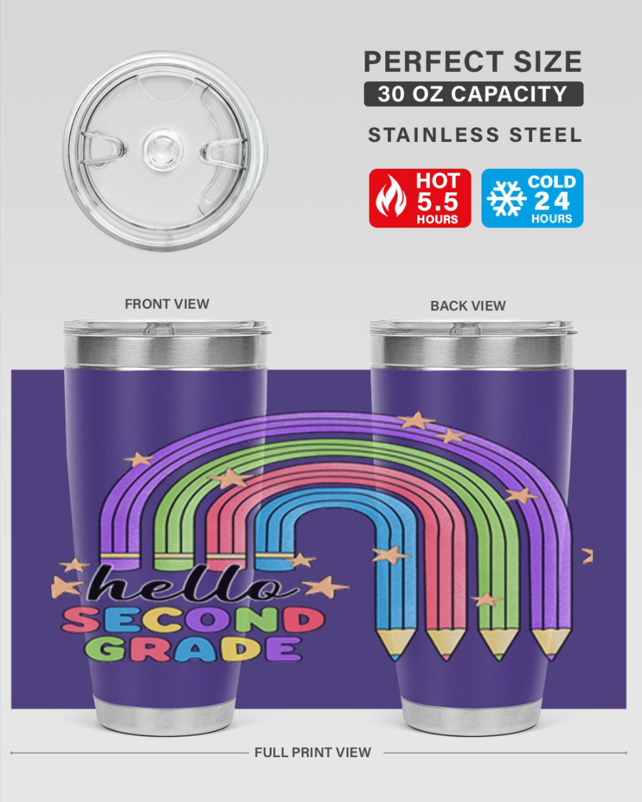 Hello 2nd Grade Pencil Rainbow tumbler in vibrant colors, showcasing a fun pencil design, perfect for kids.