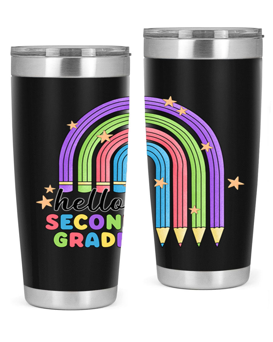 Hello 2nd Grade Pencil Rainbow tumbler in vibrant colors, showcasing a fun pencil design, perfect for kids.