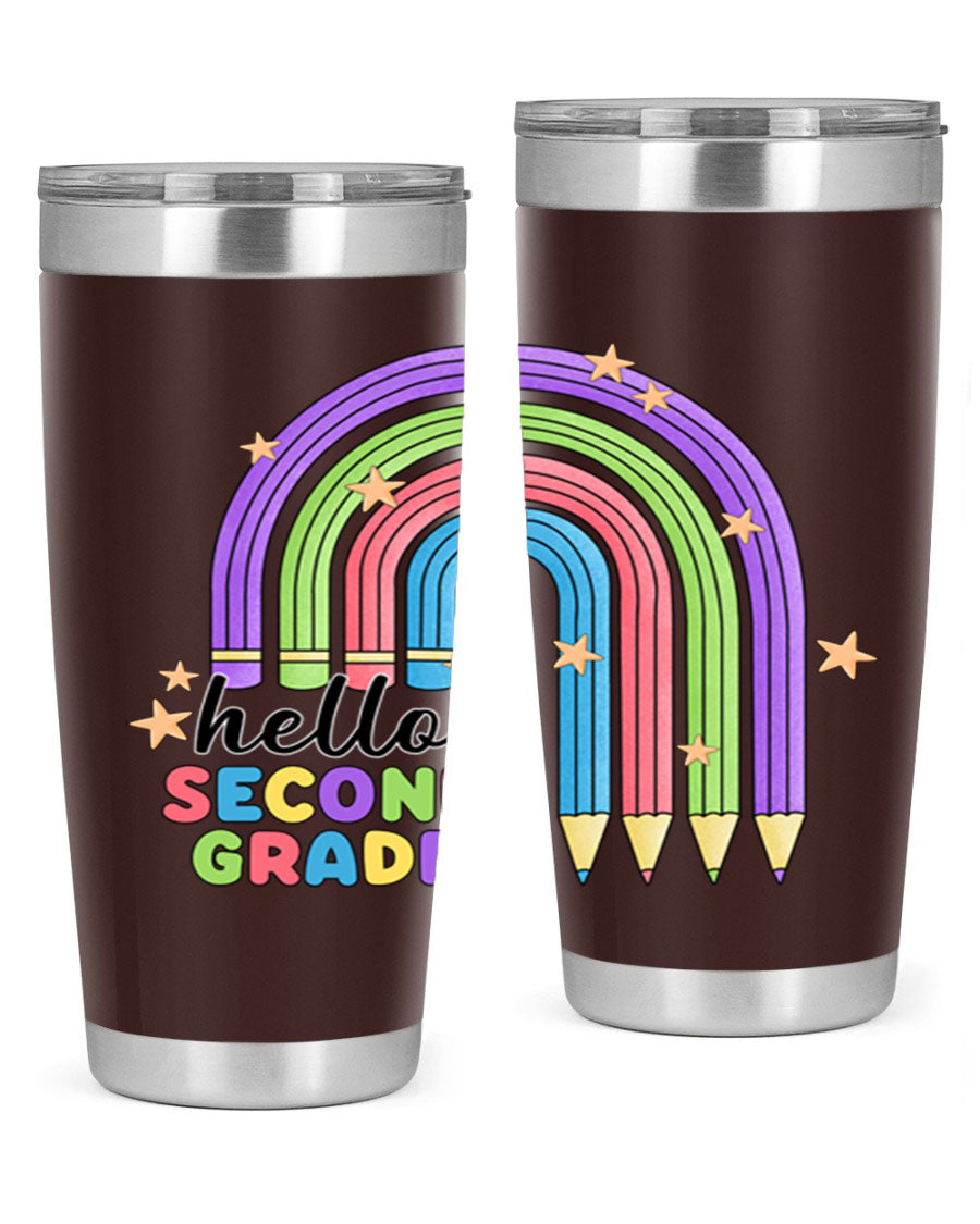 Hello 2nd Grade Pencil Rainbow tumbler in vibrant colors, showcasing a fun pencil design, perfect for kids.