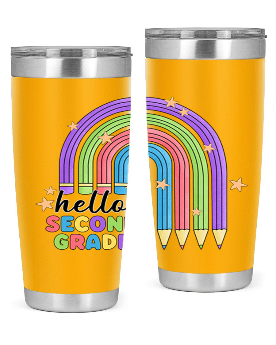 Hello 2nd Grade Pencil Rainbow tumbler in vibrant colors, showcasing a fun pencil design, perfect for kids.
