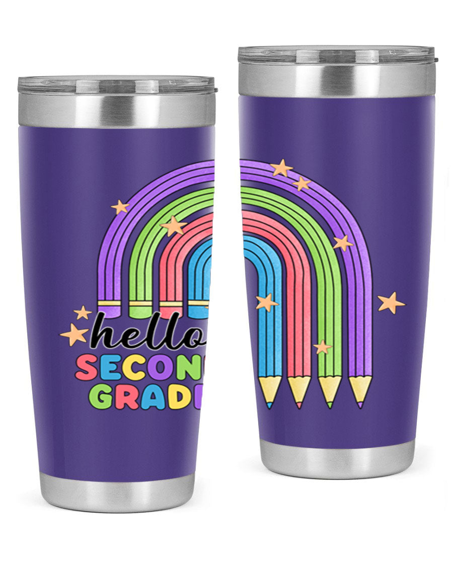 Hello 2nd Grade Pencil Rainbow tumbler in vibrant colors, showcasing a fun pencil design, perfect for kids.