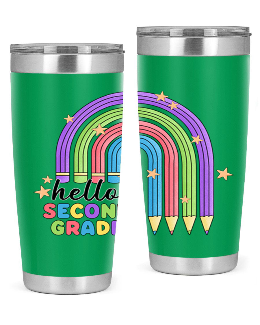 Hello 2nd Grade Pencil Rainbow tumbler in vibrant colors, showcasing a fun pencil design, perfect for kids.