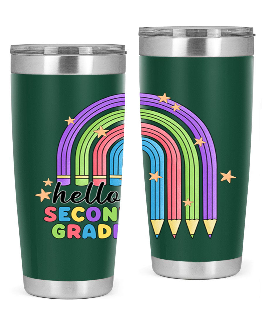 Hello 2nd Grade Pencil Rainbow tumbler in vibrant colors, showcasing a fun pencil design, perfect for kids.
