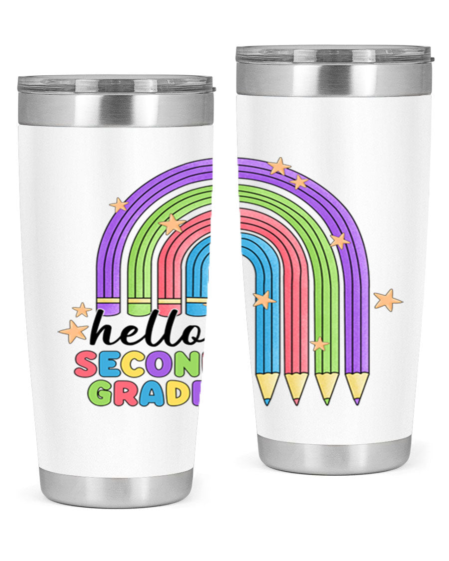 Hello 2nd Grade Pencil Rainbow tumbler in vibrant colors, showcasing a fun pencil design, perfect for kids.