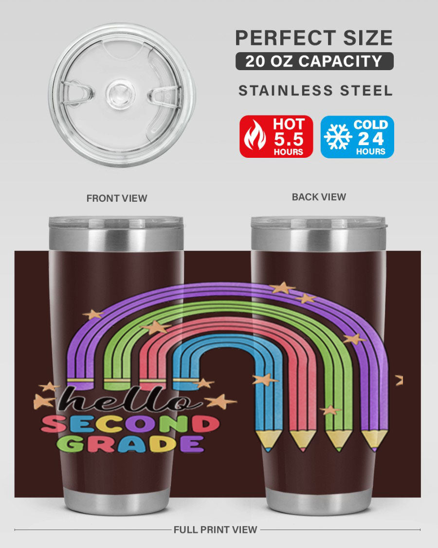 Hello 2nd Grade Pencil Rainbow tumbler in vibrant colors, showcasing a fun pencil design, perfect for kids.