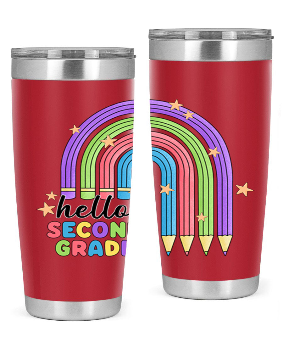 Hello 2nd Grade Pencil Rainbow tumbler in vibrant colors, showcasing a fun pencil design, perfect for kids.