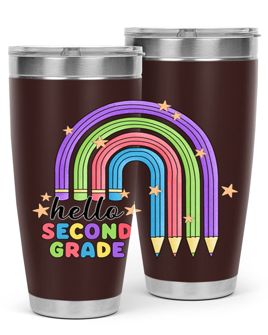 Hello 2nd Grade Pencil Rainbow tumbler in vibrant colors, showcasing a fun pencil design, perfect for kids.