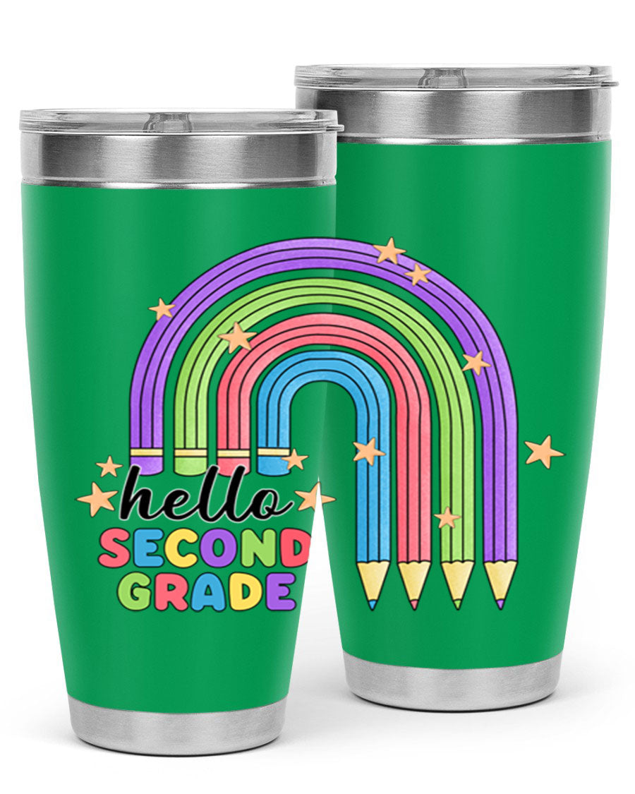 Hello 2nd Grade Pencil Rainbow tumbler in vibrant colors, showcasing a fun pencil design, perfect for kids.