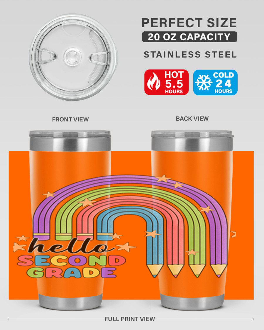 Hello 2nd Grade Pencil Rainbow tumbler in vibrant colors, showcasing a fun pencil design, perfect for kids.