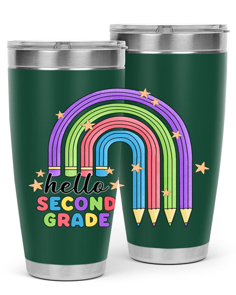 Hello 2nd Grade Pencil Rainbow tumbler in vibrant colors, showcasing a fun pencil design, perfect for kids.