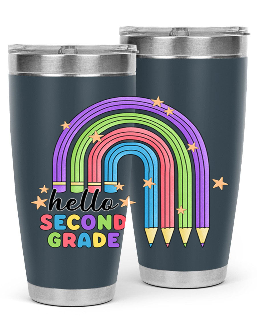 Hello 2nd Grade Pencil Rainbow tumbler in vibrant colors, showcasing a fun pencil design, perfect for kids.