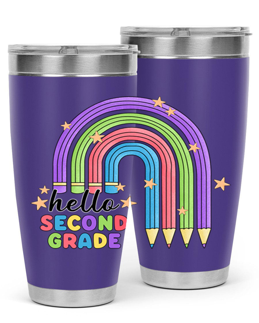 Hello 2nd Grade Pencil Rainbow tumbler in vibrant colors, showcasing a fun pencil design, perfect for kids.