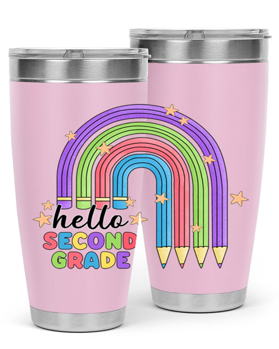 Hello 2nd Grade Pencil Rainbow tumbler in vibrant colors, showcasing a fun pencil design, perfect for kids.