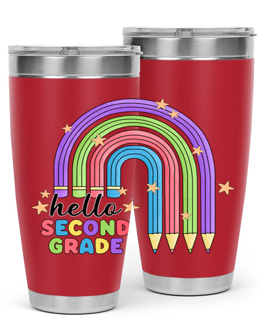 Hello 2nd Grade Pencil Rainbow tumbler in vibrant colors, showcasing a fun pencil design, perfect for kids.