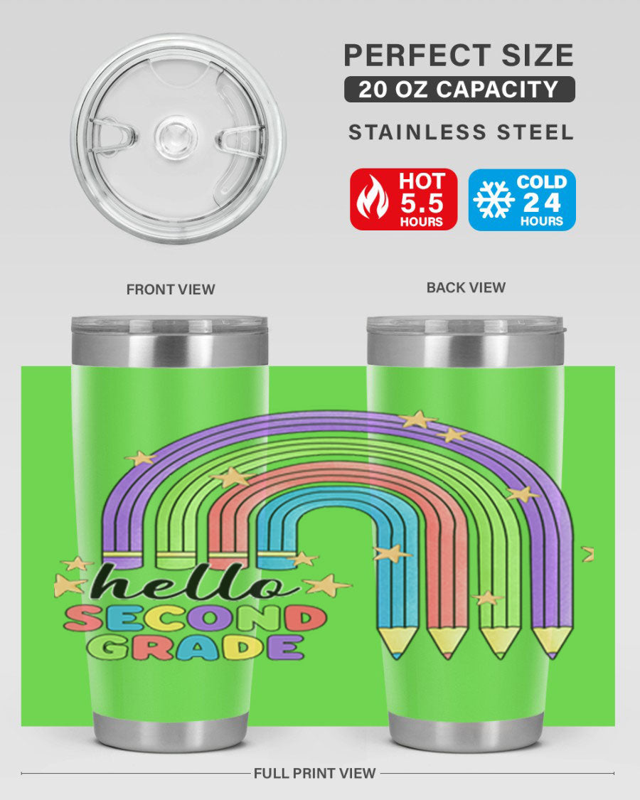 Hello 2nd Grade Pencil Rainbow tumbler in vibrant colors, showcasing a fun pencil design, perfect for kids.