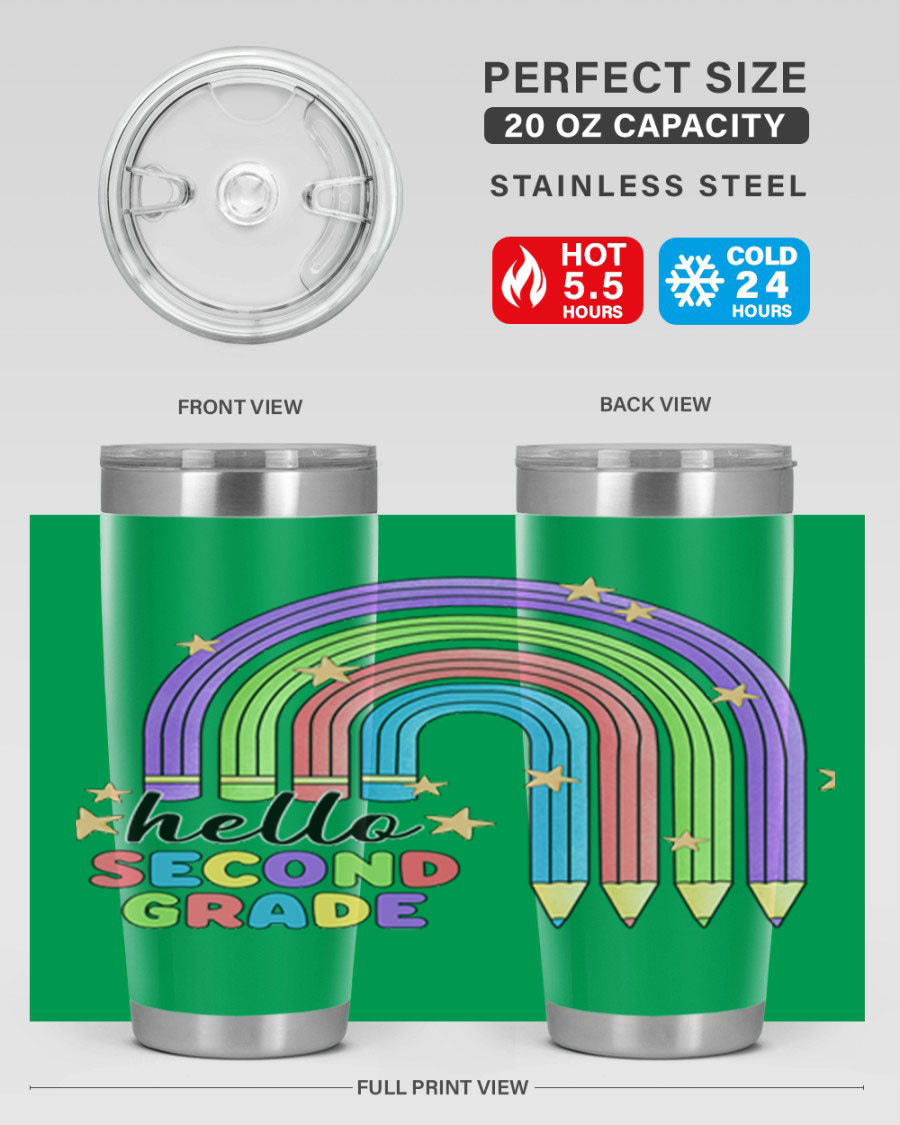 Hello 2nd Grade Pencil Rainbow tumbler in vibrant colors, showcasing a fun pencil design, perfect for kids.
