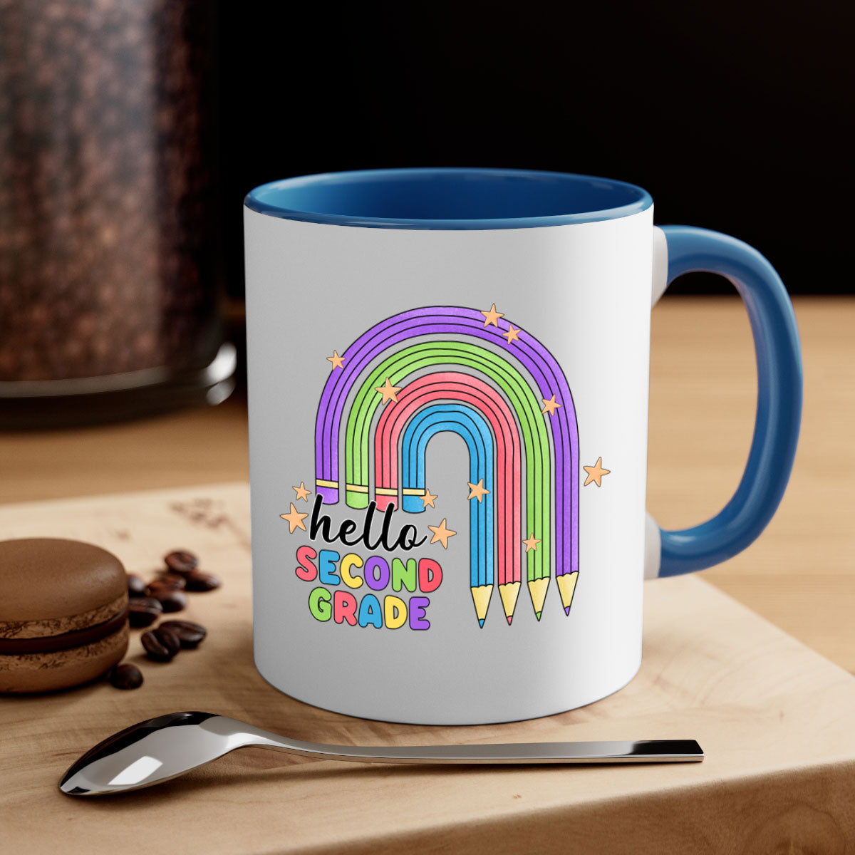 Hello 2nd Grade Pencil Rainbow Mug with colorful handle and interior, showcasing a glossy finish and playful design.
